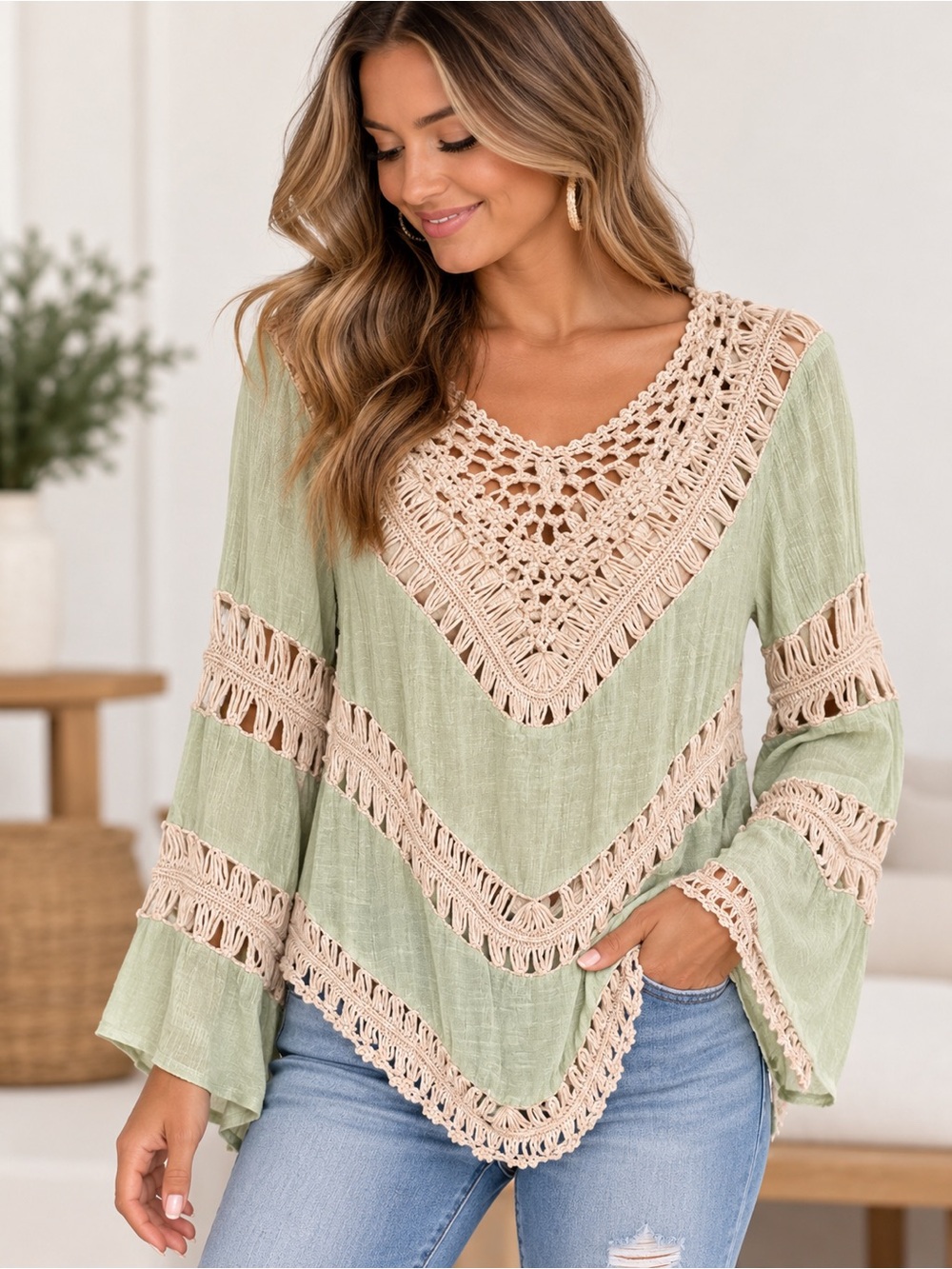 Umgee Sage Green Tunic with Beige Crochet Trim